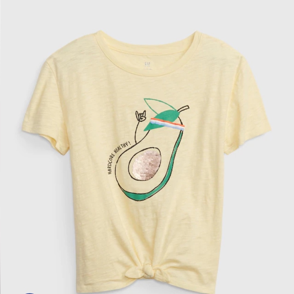 NWOT Gap Kids Organic Cotton Yellow Avocado Sequins Tie Front Graphic T-Shirt